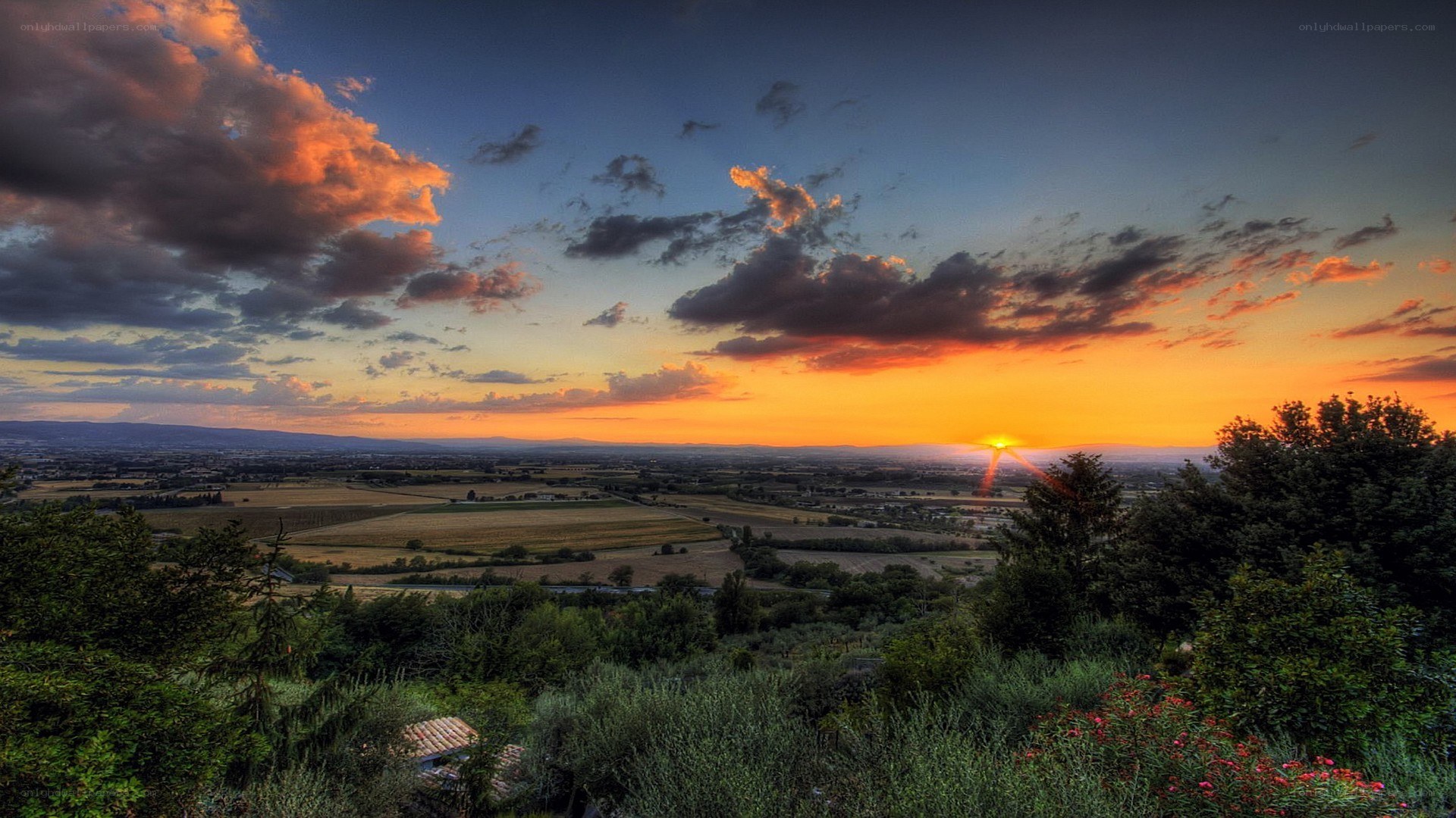Sunset over Tuscany fields