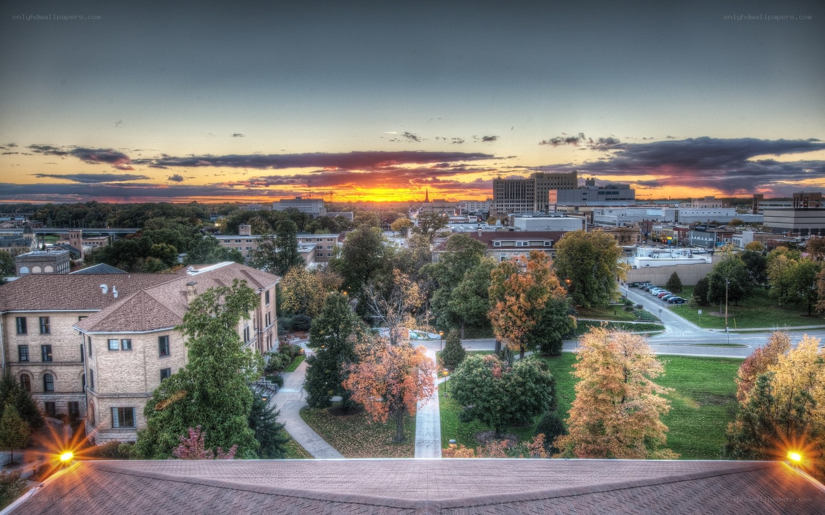 sunset over university campus