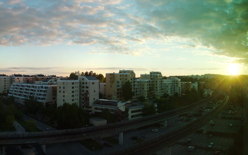 Sunset over urban neighborhood