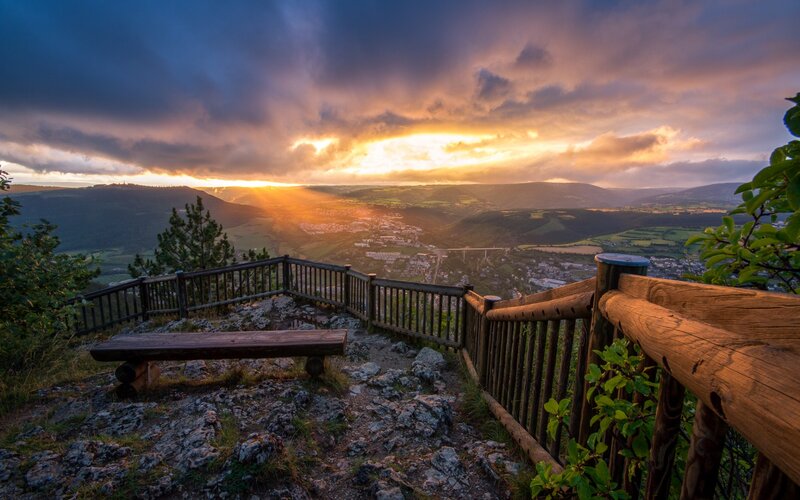 Sunset over Valley — Orange, Dramatic, Photograph, Bench, Railing
