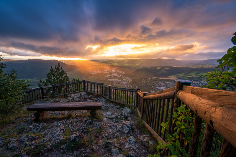 Sunset over Valley — Orange, Dramatic, Photograph, Bench
