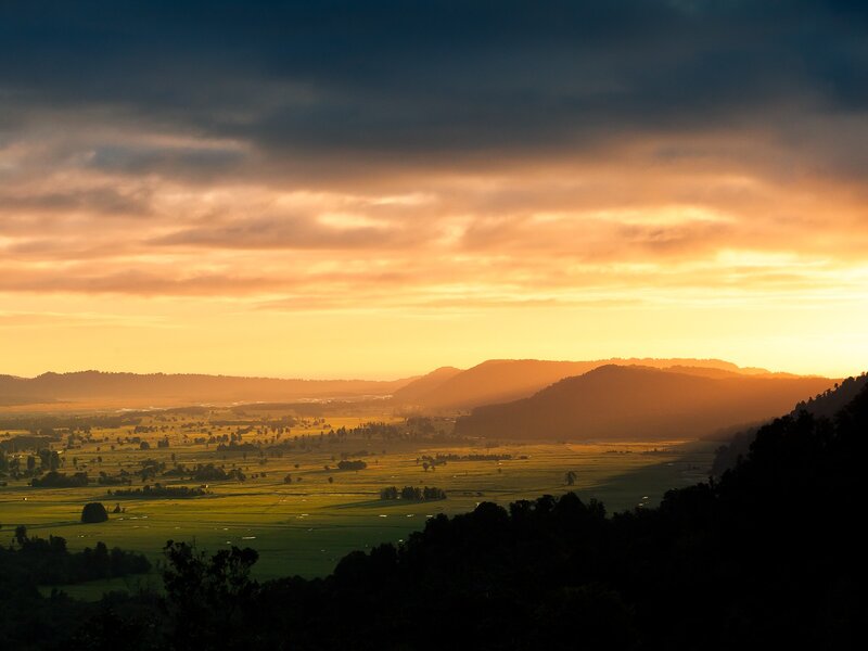 Sunset over Valley — Orange, Dramatic, Photograph, Mountains, Fields