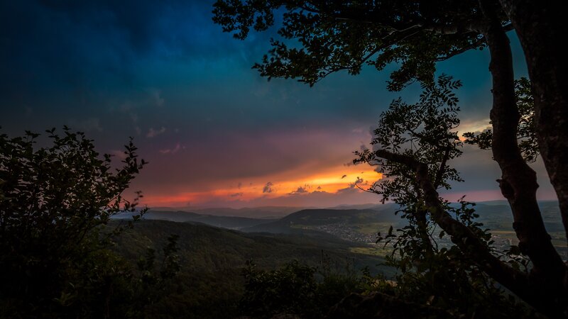Sunset over Valley — Orange, Dramatic, Photograph, Trees