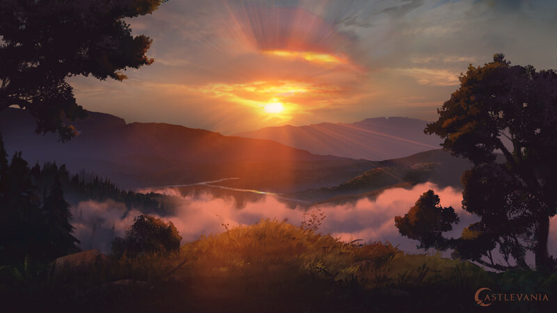 Sunset over Valley — Orange, Serene, Digital Art