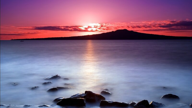 Sunset over Volcanic Island — Purple, Serene