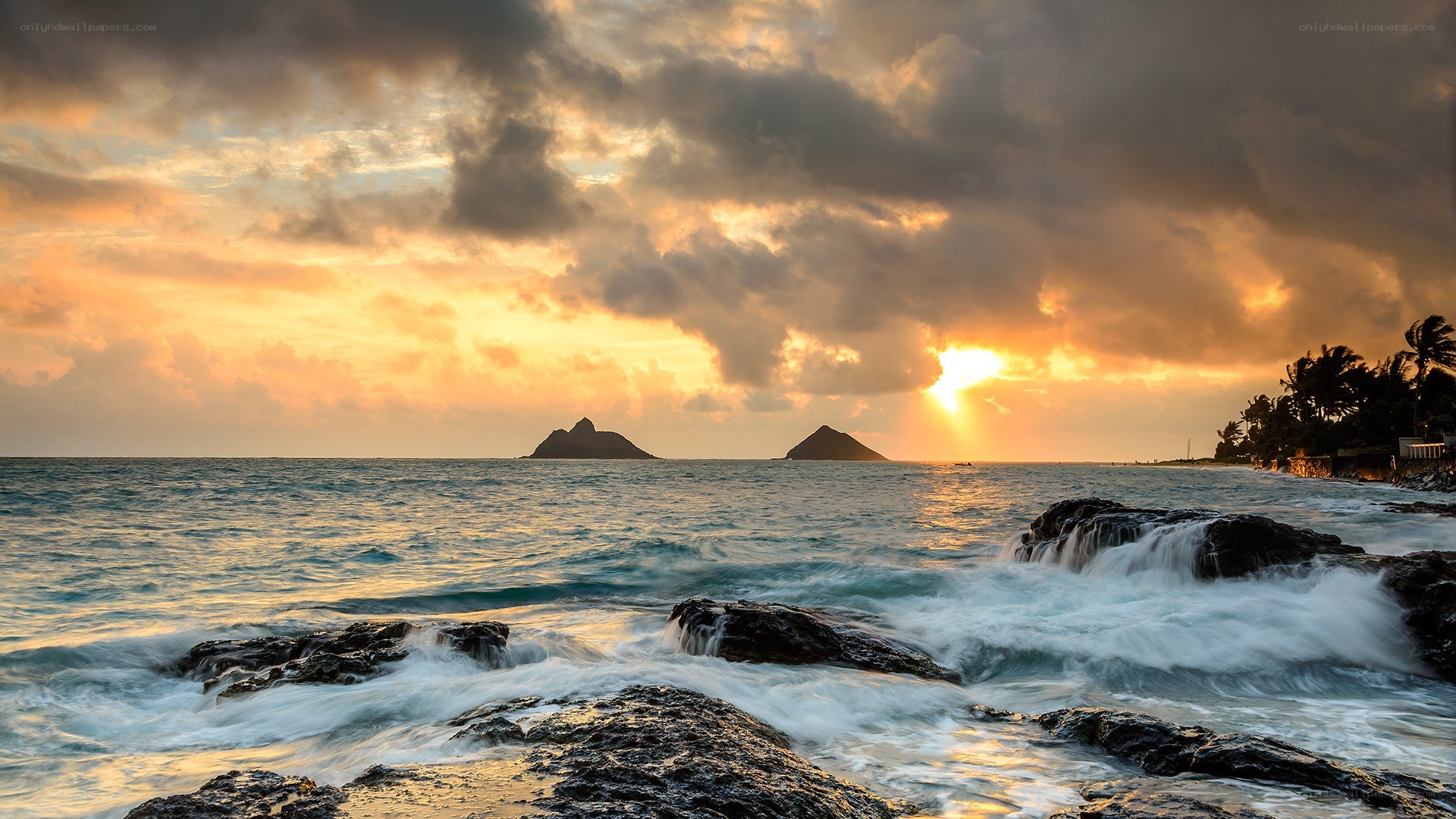 Sunset over volcanic islands