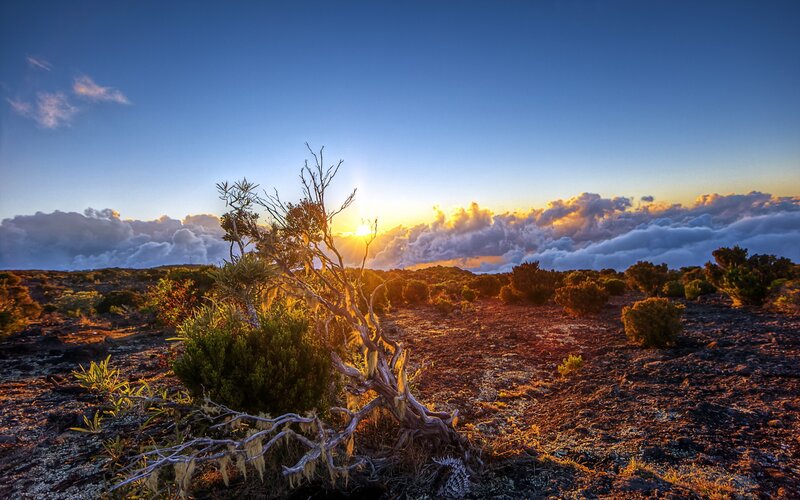 Sunset over volcanic landscape