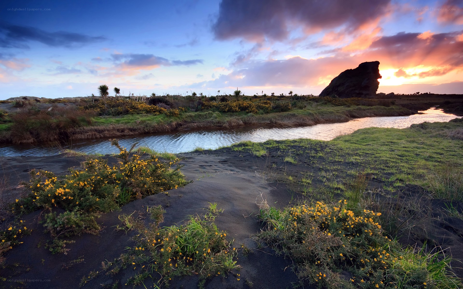 Sunset over volcanic landscape