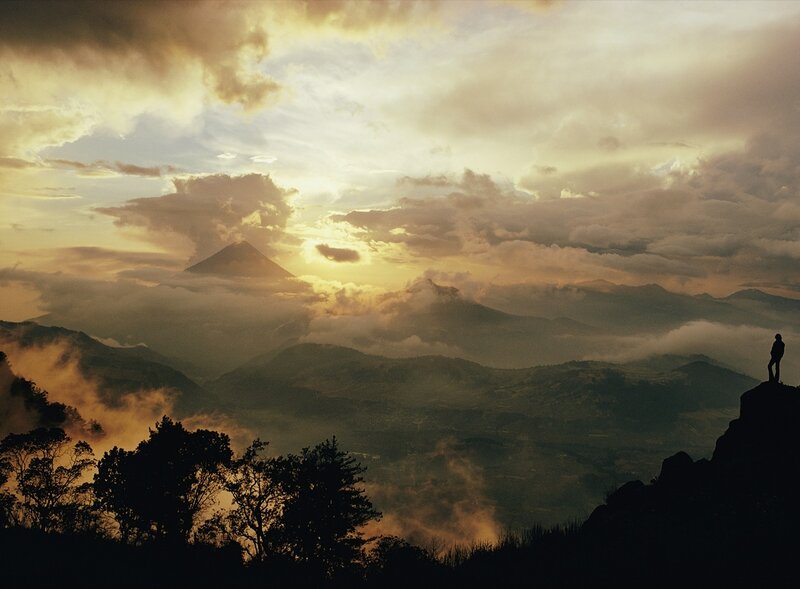 Sunset over volcanic mountains