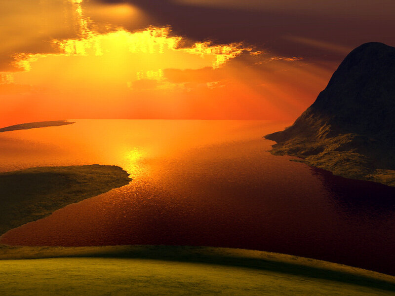 Sunset over Water and Hills