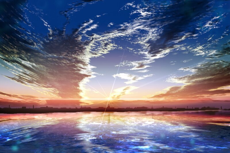 Sunset over Water — Blue, Dramatic, Digital Art, Sky, Clouds, Cityscape