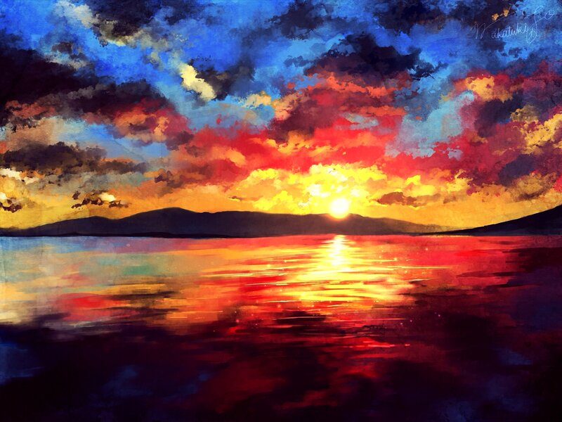 Sunset over Water — Blue, Dramatic, Digital Art, Sky, Clouds, Mountains