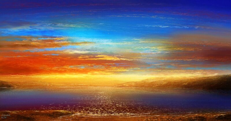 Sunset over Water — Blue, Dramatic, Digital Art, Sky