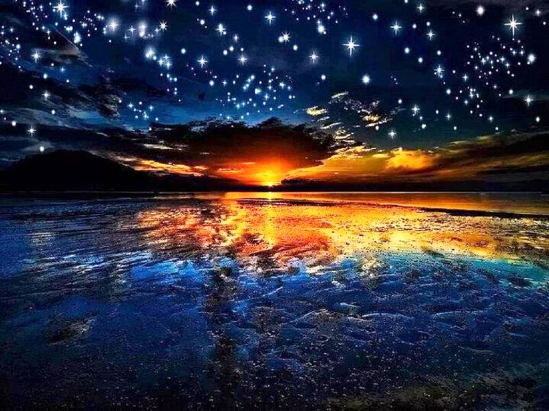 Sunset over Water — Blue, Dramatic, Digital Art, Stars