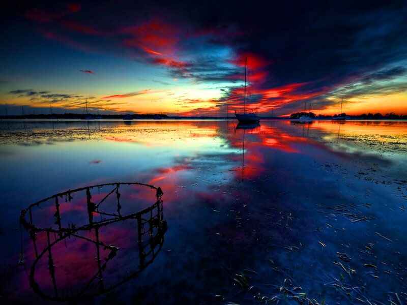 Sunset over Water — Blue, Dramatic, Photograph, Boats