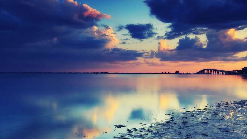 Sunset over Water — Blue, Dramatic, Photograph, Bridge