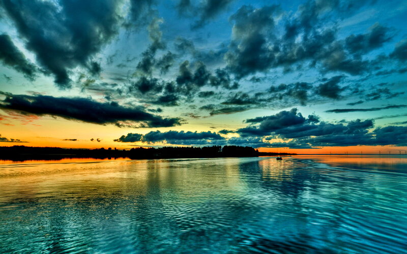 Sunset over Water — Blue, Dramatic, Photograph, Clouds, Boat