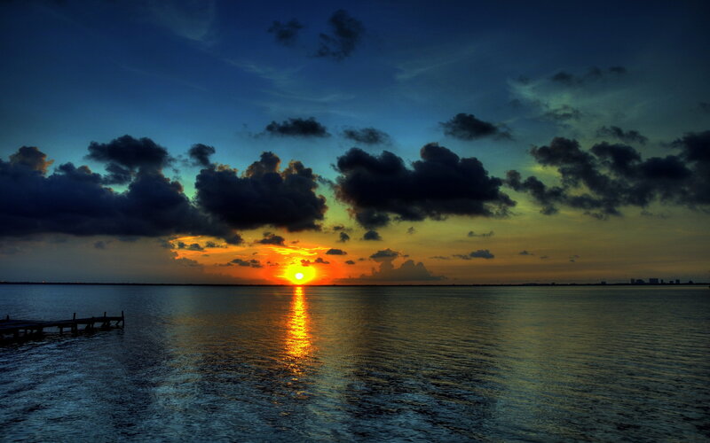 Sunset over Water — Blue, Dramatic, Photograph, Clouds, Dock