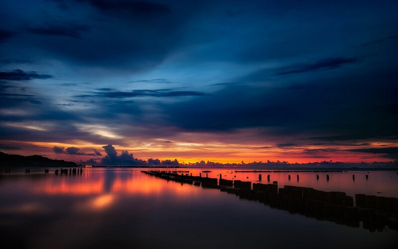 Sunset over Water — Blue, Dramatic, Photograph, Clouds, Pier