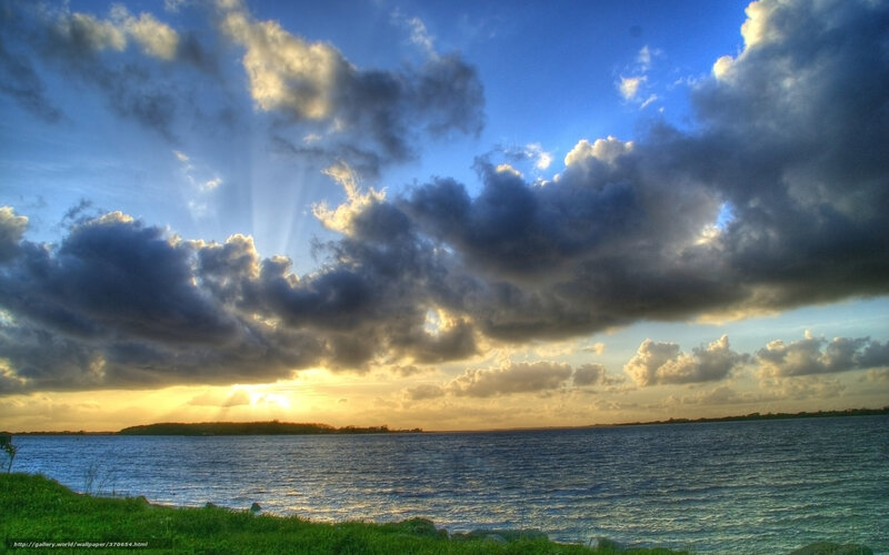 Sunset over Water — Blue, Dramatic, Photograph, Clouds, Sky, Grass