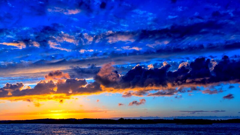Sunset over Water — Blue, Dramatic, Photograph, Clouds, Sky, Horizon