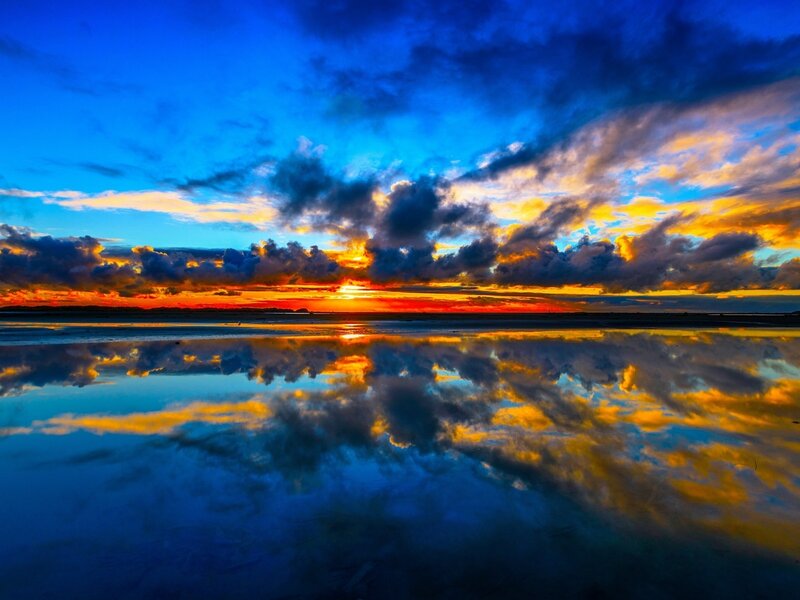 Sunset over Water — Blue, Dramatic, Photograph, Clouds, Sky, Reflection