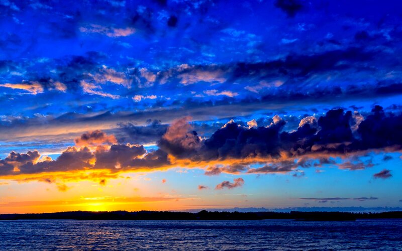 Sunset over Water — Blue, Dramatic, Photograph, Clouds, Sky
