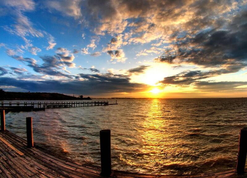 Sunset over Water — Blue, Dramatic, Photograph, Dock, Clouds