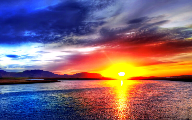 Sunset over Water — Blue, Dramatic, Photograph, Mountains