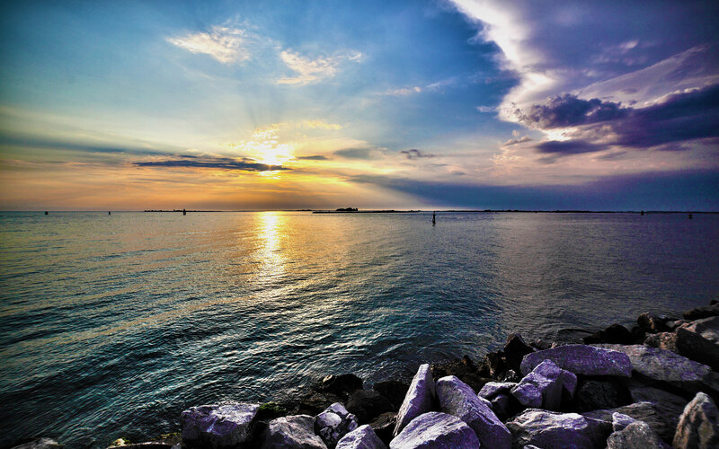 Sunset over Water — Blue, Dramatic, Photograph, Rocks