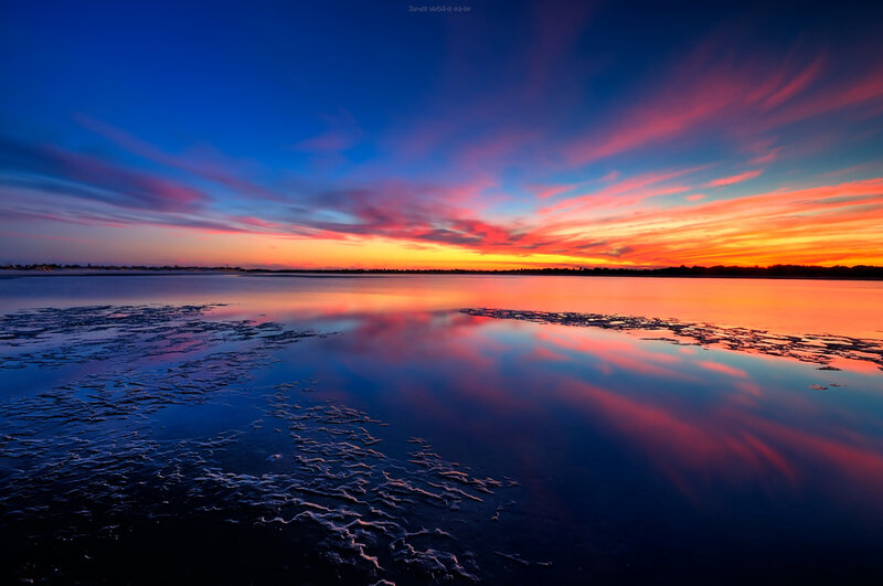 Sunset over Water — Blue, Dramatic, Photograph, Sky, Clouds, Reflection, Orange, Red