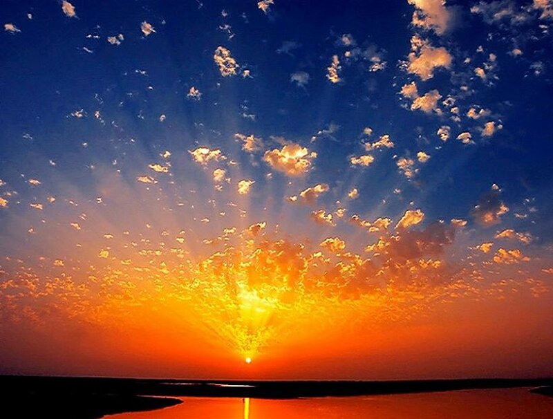 Sunset over Water — Blue, Dramatic, Photograph, Sky, Clouds, Sun