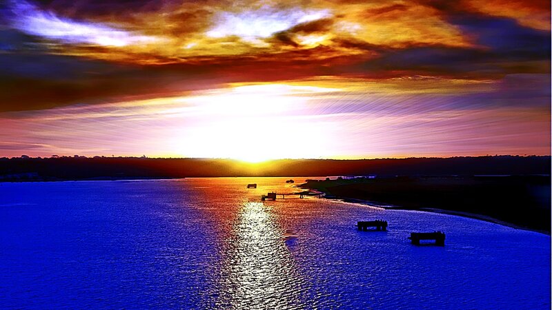 Sunset over Water — Blue, Dramatic, Photograph, Sky, Land