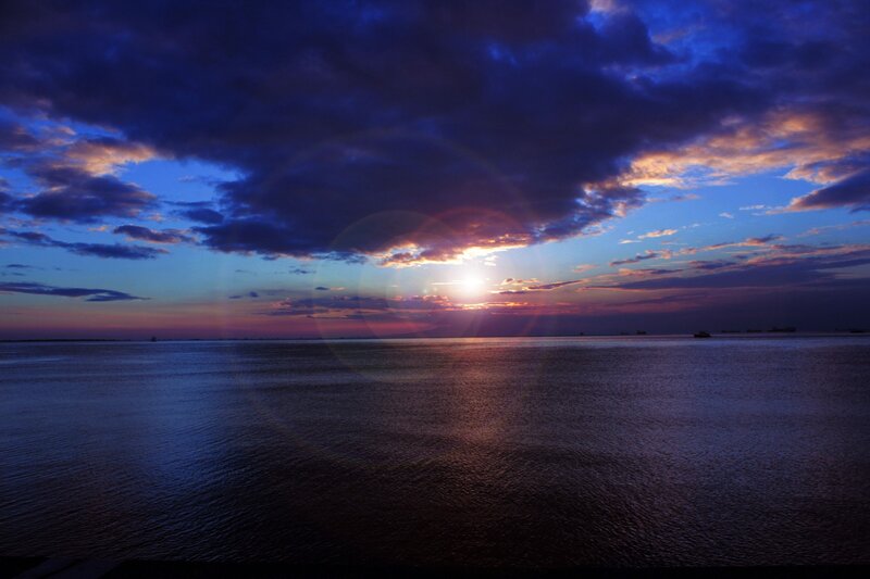 Sunset over Water — Blue, Dramatic, Photograph, Sun, Clouds, Sea
