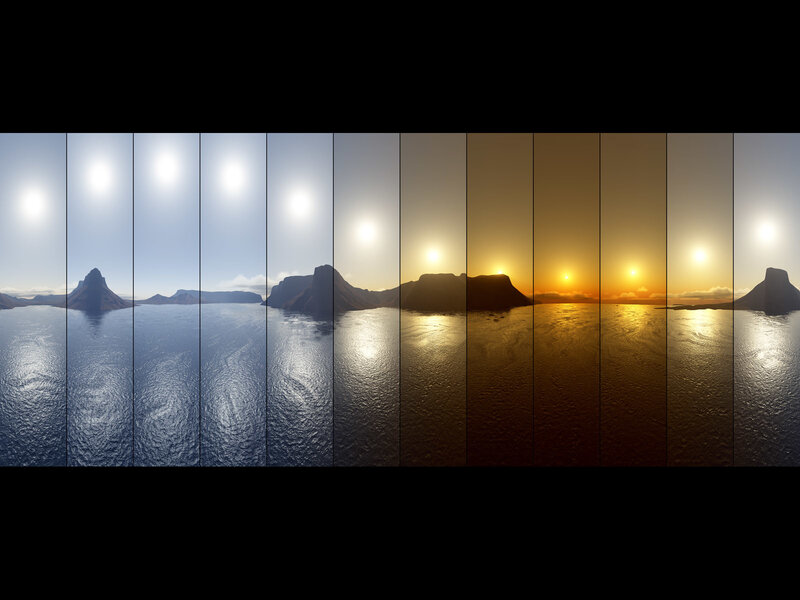 Sunset over Water — Blue, Serene, 3d Render, Sun, Mountain, Sea