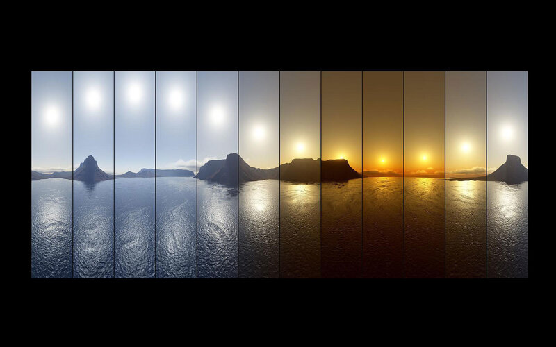 Sunset over Water — Blue, Serene, 3d Render, Sun, Mountain