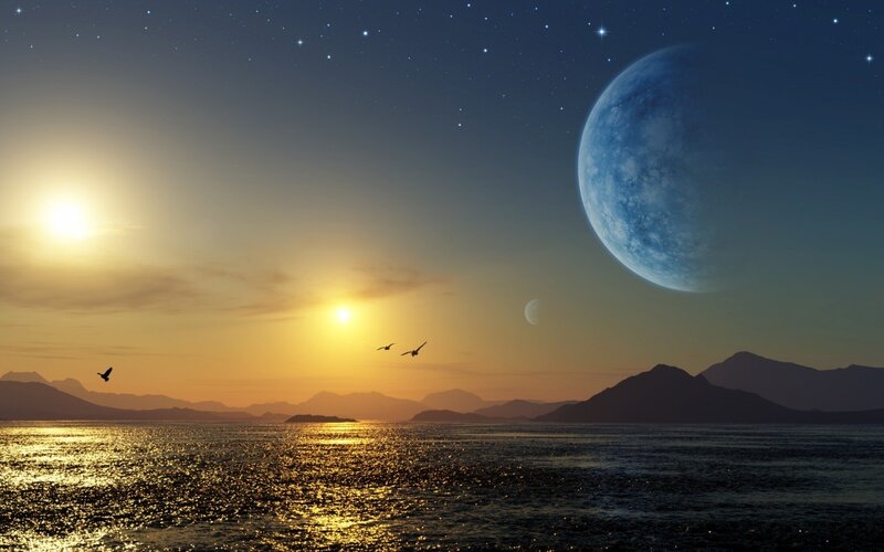 Sunset over Water — Blue, Serene, Digital Art, Birds, Moon