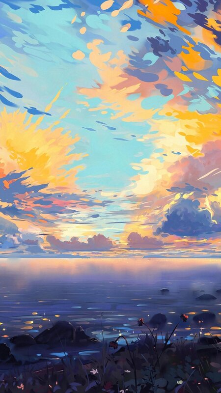 Sunset over Water — Blue, Serene, Digital Art, Sky