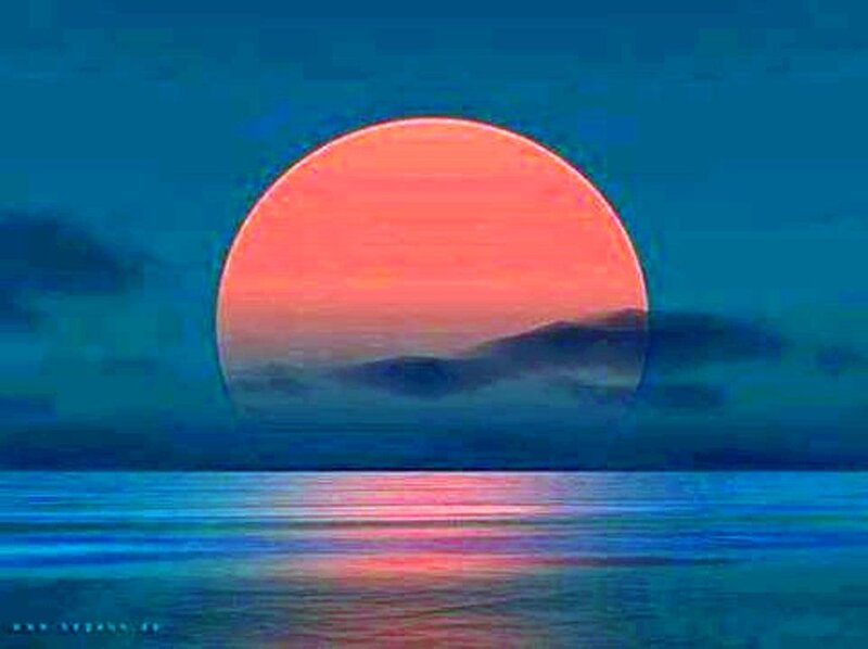 Sunset over Water — Blue, Serene, Digital Art, Sun, Clouds