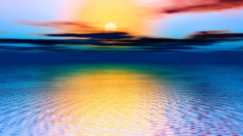 Sunset over Water — Blue, Serene, Digital Art, Sun