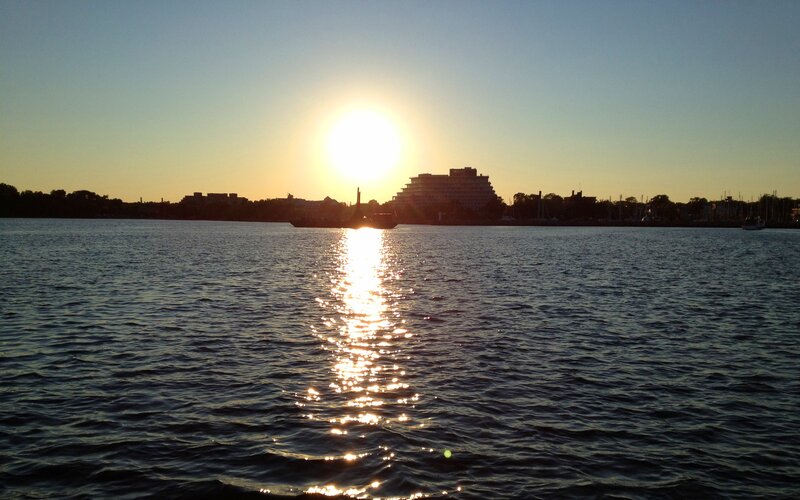 Sunset over Water — Blue, Serene, Photograph, Buildings