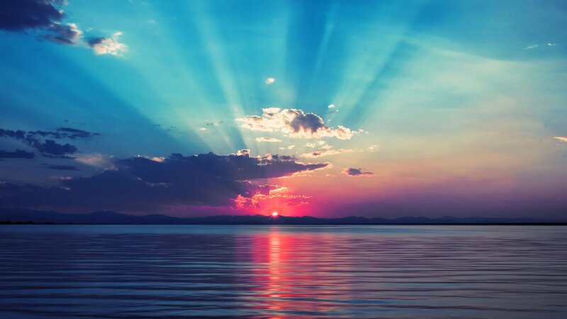 Sunset over Water — Blue, Serene, Photograph, Clouds, Mountains