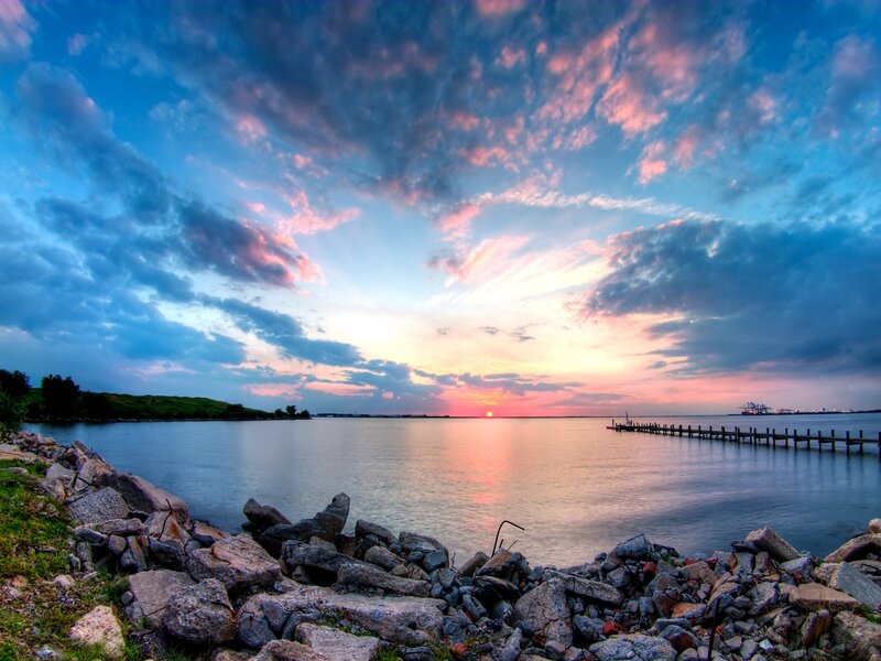 Sunset over Water — Blue, Serene, Photograph, Clouds, Pier
