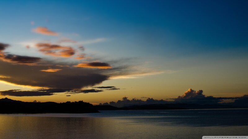 Sunset over Water — Blue, Serene, Photograph, Clouds