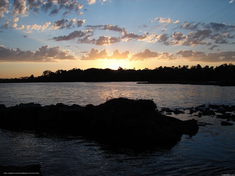 Sunset over Water — Blue, Serene, Photograph, Clouds, Trees
