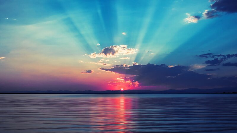 Sunset over Water — Blue, Serene, Photograph, Mountains, Clouds