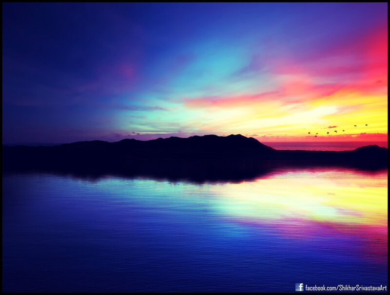 Sunset over Water — Blue, Serene, Photograph, Mountains