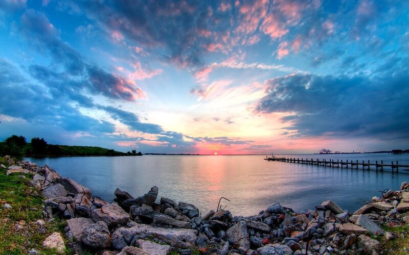 Sunset over Water — Blue, Serene, Photograph, Pier
