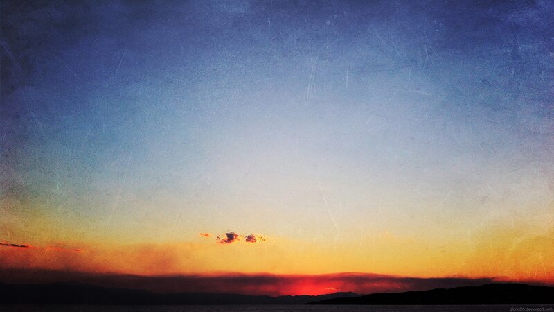 Sunset over Water — Blue, Serene, Photograph, Sky, Clouds, Mountains