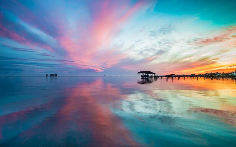 Sunset over Water — Blue, Serene, Photograph, Sky, Dock